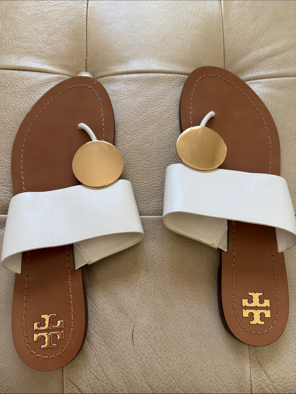 Tory Burch White Leather Slide Sandals with Gold Discs and Tan Footbed